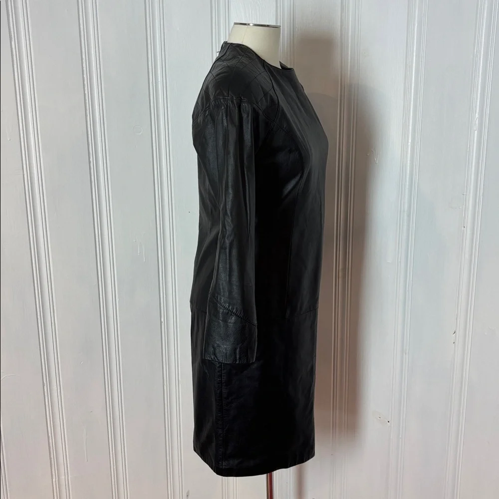 Vintage AMBRIA Black Genuine Leather Fitted Dress | Quilted Shoulders | Size 10 - Picture 2 of 12